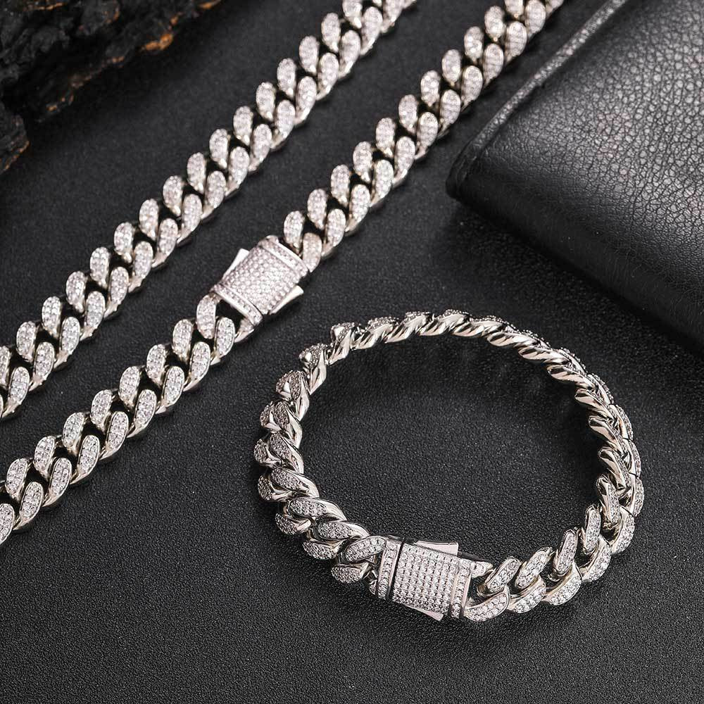 European Hip Hop Ornament 12Mm Spring Fastener Double Row Zircon Necklace Bracelet