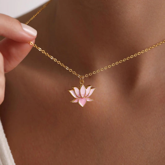 Gold Plated Enamel Lotus Flower Necklace, Flower of Life Necklace, Gold Lotus Flower Necklace, Christmas Gift for Her, Everyday Necklace