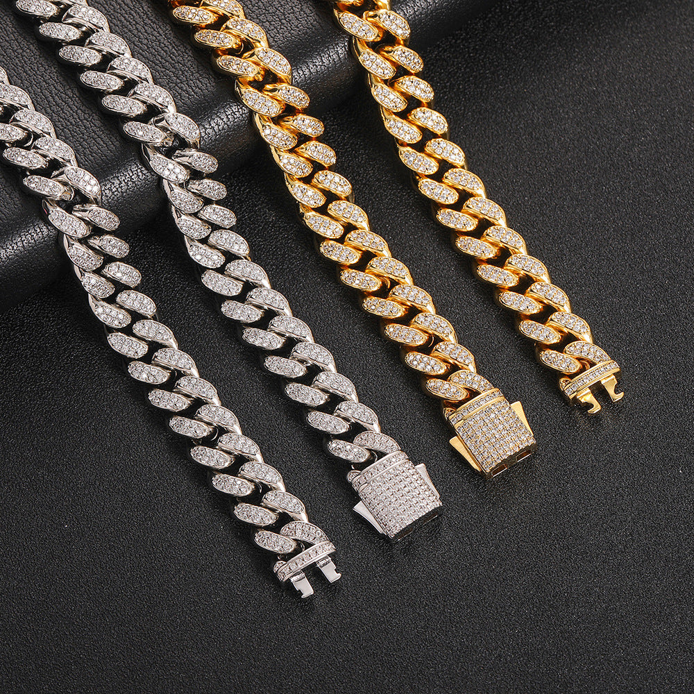 European Hip Hop Ornament 12Mm Spring Fastener Double Row Zircon Necklace Bracelet