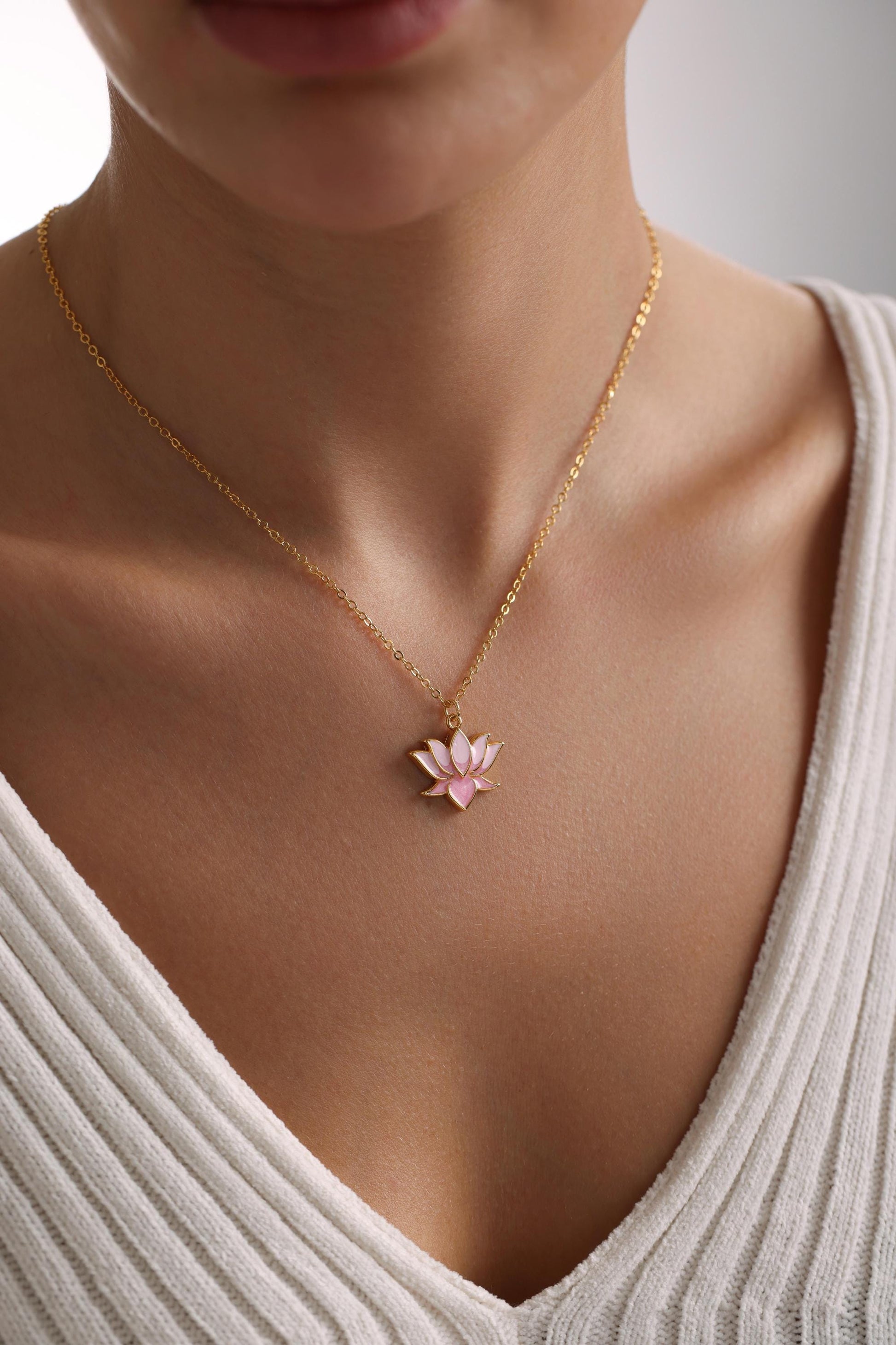 Gold Plated Enamel Lotus Flower Necklace, Flower of Life Necklace, Gold Lotus Flower Necklace, Christmas Gift for Her, Everyday Necklace